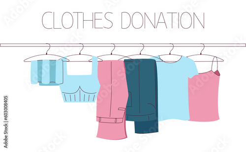 Clothing donation lettering, charity, help, things hanging on hangers, flat color illustration, modern style