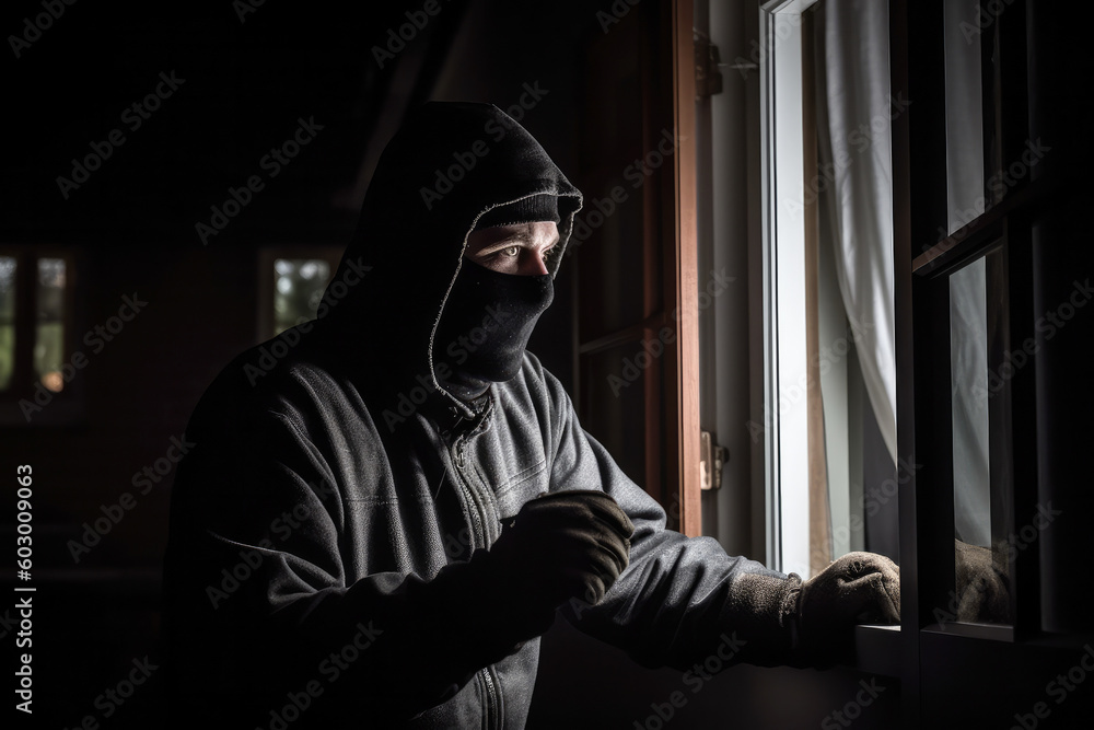 Burglar breaking into a house at night. Person in a black hoodie and mask breaking into a house. Criminal issues concept. Generative AI Burglar breaking into a house at night. Person in a black hoodie and mask breaking into a house. Criminal issues concept. Generative AI