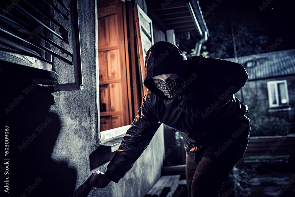 Burglar breaking into a house at night. Person in a black hoodie and mask breaking into a house. Criminal issues concept. Generative AI Burglar breaking into a house at night. Person in a black hoodie and mask breaking into a house. Criminal issues concept. Generative AI
