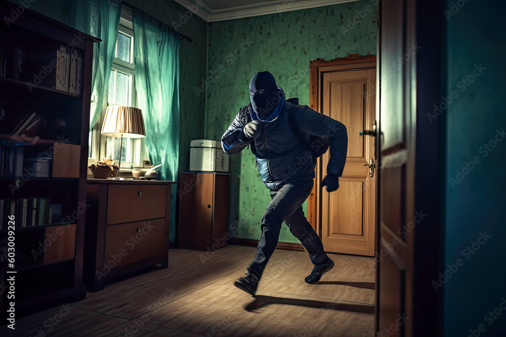 Burglar running in a house. Person in a black hoodie and mask breaking into a house. Generative AI Burglar running in a house. Person in a black hoodie and mask breaking into a house. Generative AI