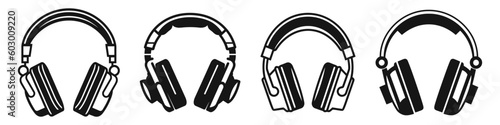 Headphones set black isolated icon. Earphone vector illustration