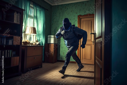 Burglar running in a house. Person in a black hoodie and mask breaking into a house. Generative AI