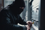 Closeup of skillful professional masked burglar picking a lock. Unrecognizable person in black hoodie and mask. Criminal issues concept. Generative AI