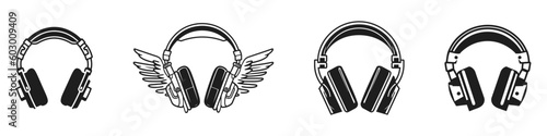 Headphones set black isolated icon. Earphone vector illustration
