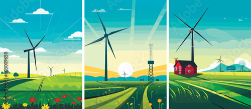 Wind power turbines and windmills vector illustration. A landscape with greenfields and turbines that transforms the kinetic energy in the wind into mechanical power
