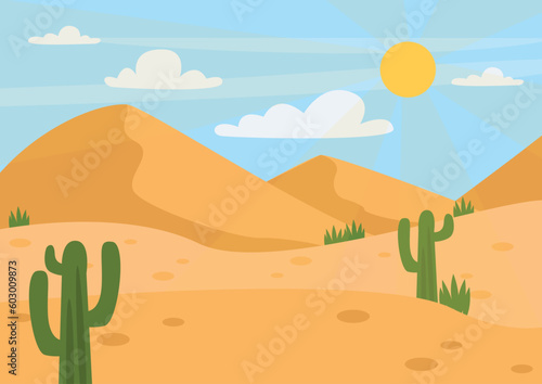 Summer landscape. Beautiful background. Desert, sand, cacti, sky, sun and clouds. Vector graphic.