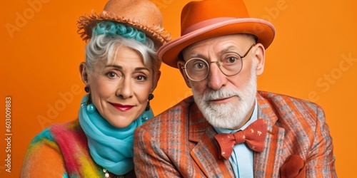 portrait of an cool and happy senior couple with hat, crazy lifestyle concept, fictional persons created with generative ai