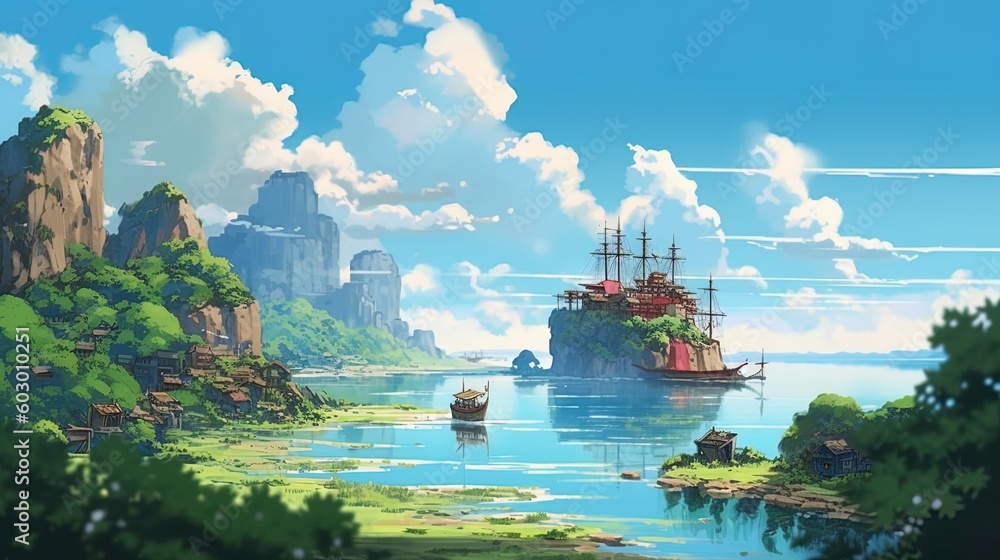 Obraz premium Wide angle panorama of beautiful anime style island with ship at ocean with blue sky at day using generative AI