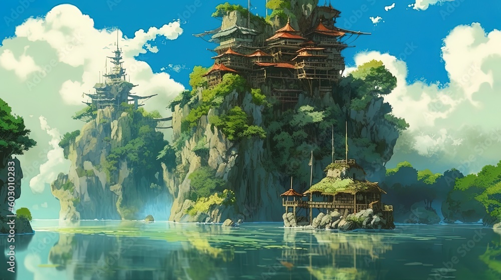 Wide angle of beautiful anime fantasy green landscape with blue sky at day using generative AI
