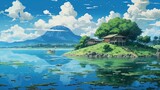 Wide angle of beautiful anime style fantasy island with green landscape at day using generative AI