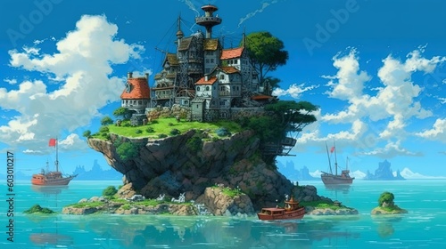 Wide angle of beautiful anime style island at day using generative AI
