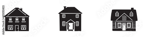 Set of rustic cottage motif in homestead vintage style. Vector illustration of whimsical rural country house. 