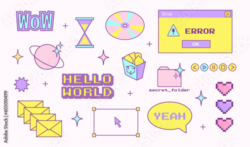 y2k trendy set of objects, old computer interface, retro pc elements, 1990s 2000s style, cursor, cd disk, pixel, heart, star, mail, nostalgia, vector illustration