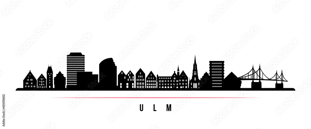 Ulm skyline horizontal banner. Black and white silhouette of Ulm, Germany. Vector template for your design.