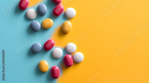 The concept of drug interactions, featuring an array of colorful pills. The complexity of pharmacological interactions, emphasizing the need for medical guidance in medication use. Generative AI photo