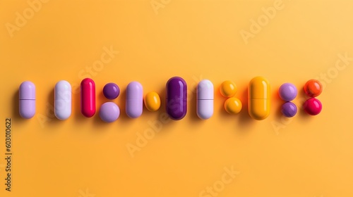 The concept of drug interactions, featuring an array of colorful pills. The complexity of pharmacological interactions, emphasizing the need for medical guidance in medication use. Generative AI