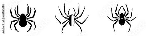Set of black silhouette spider icon isolated on white background. Top,side and front view.