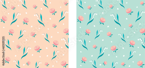 Gorgeous multicolored blooming flowers and leaves set. Summer, spring botanical flat vector illustration on colorful background. Printing with small flowers. Seamless vector texture.