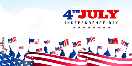 Diverse Group Of Patriots Hand Waving Small American Flag banner background template. Vector illustration.