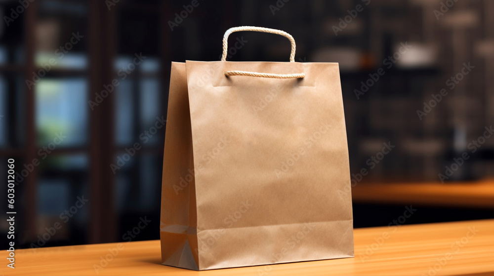 Mockup of wooden paper shopping bag on the wooden table of a clothing store. diffuse background. Brown ecological bag. Recyclable bag for product delivery. Generative ai. Empty space for texts. - obrazy, fototapety, plakaty 