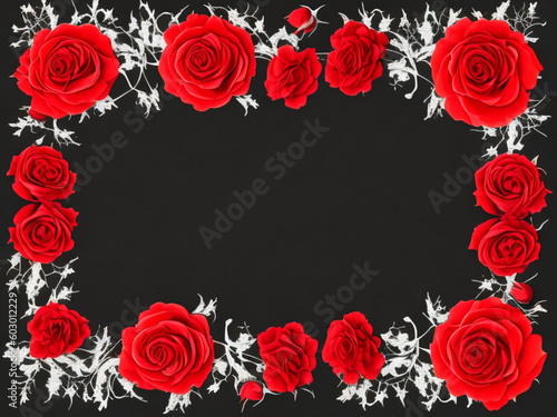 red roses on a black background with text space  a romantic floral border with red roses and white leaves created with generative AI technology