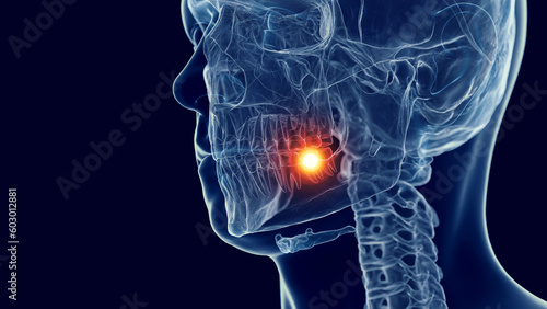 3d medical illustration of a man's skull and cervical spine. tooth ache