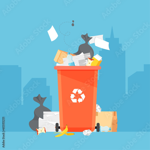 Garbage container with unsorted trash against the backdrop city. Pile of wastes. Bags full of rubbish near the dust bin. Vector illustration in trendy flat style isolated.