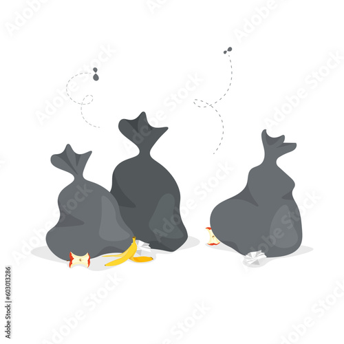 Vector bags full of rubbish. Bio waste. Garbage is smelling ugly and started to decompose. Black bag for trash in trendy flat style isolated on white background.