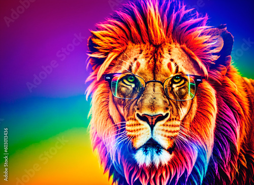 Portrait of a lion with sunglasses. Multicolored background. Generative AI