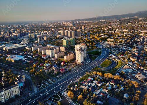 Aerial view panorama of road and cityscape in Almaty