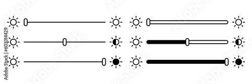 Contrast level vector icon set. Adjust of bright screen. Brightness control bar symbol