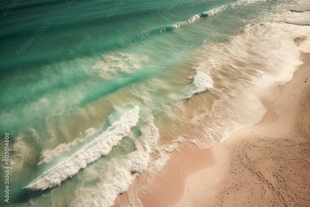 an overhead hi-res illustration looking down on a bahamian beach, waves, sand