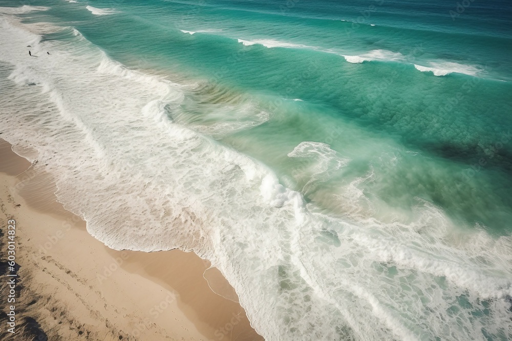 an overhead hi-res illustration looking down on a bahamian beach, waves, sand