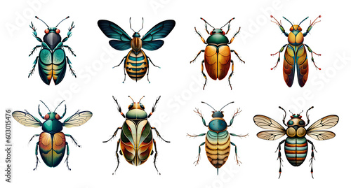Big set of watercolor beetles. Generative AI