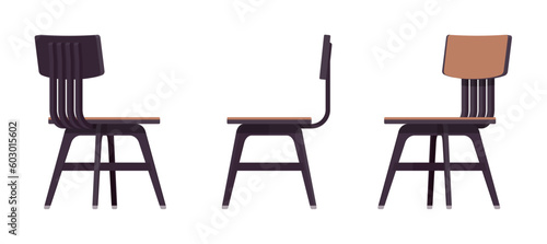 Dining side chair furniture set in black, brown. Wood seat, back rest, kitchen room, cafe, restaurant classic modern interior design. Vector flat style cartoon home, office isolated, white background