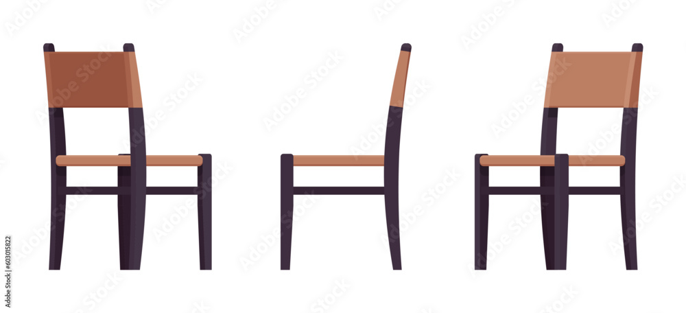 Wood dining chair, upholstered furniture set, natural brown, black. Fabric seat, backrest for cafe, restaurant classic modern interior. Vector flat style cartoon home office isolated, white background Wood dining chair, upholstered furniture set, natural brown, black. Fabric seat, backrest for cafe, restaurant classic modern interior. Vector flat style cartoon home office isolated, white background