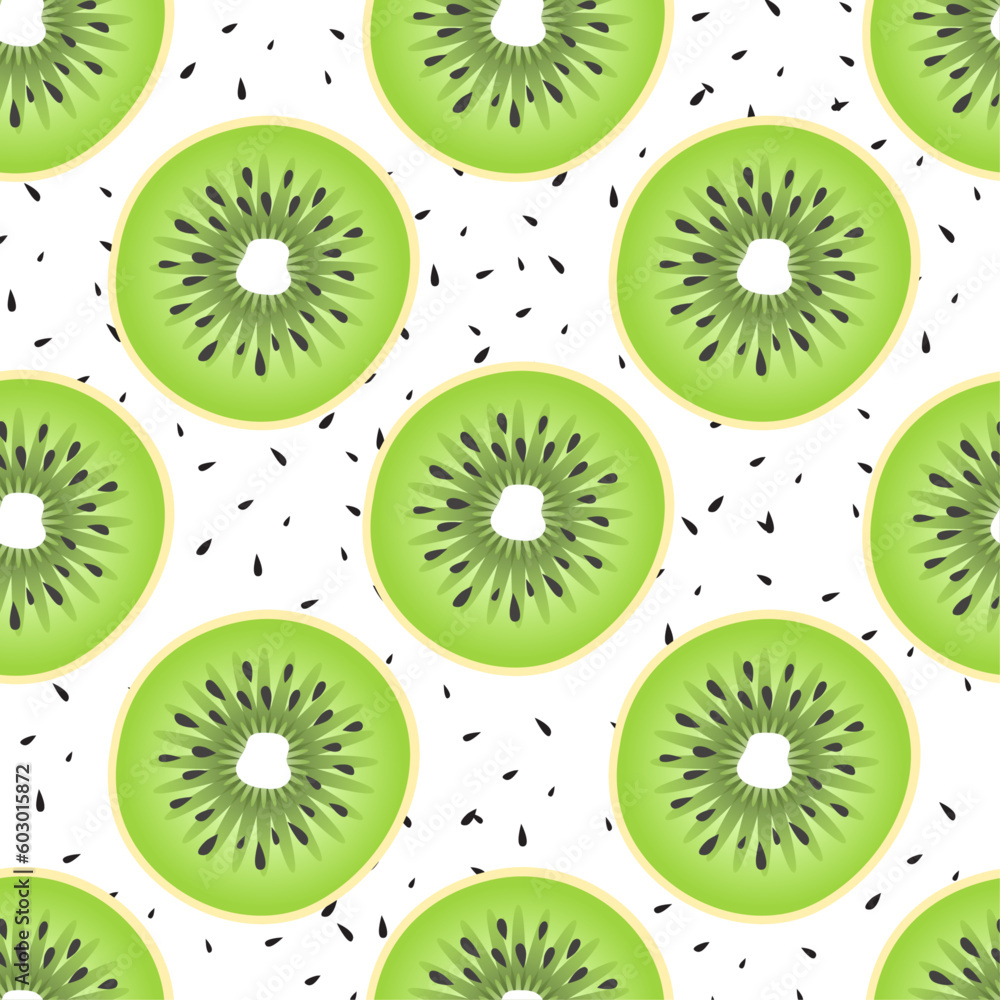 Fototapeta premium Green kiwi fruits seamless pattern with seed and white background