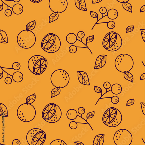 Hand drawn line art fruits seamless pattern lemons, slice of lemons, and berry