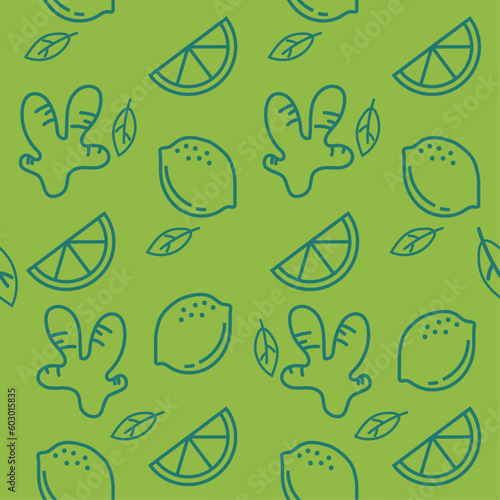 Hand drawn line art fruits seamless pattern lemons, slice of lemons, and ginger