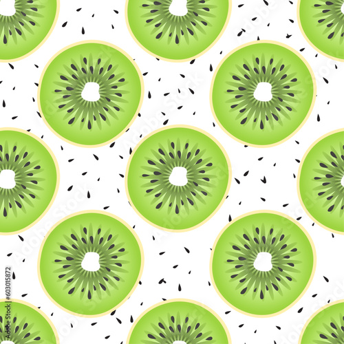 Green kiwi fruits seamless pattern with seed and white background