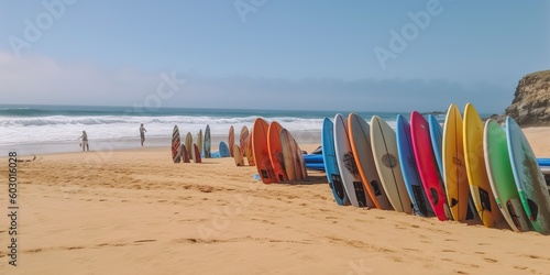 Colorful surfboards lined up on a sandy beach, with a group of people preparing for a family surfing lesson in the distance, concept of Coastal sports, created with Generative AI technology