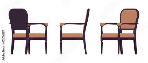 Armchair, soft back furniture set, natural brown, black. Comfortable dinner seating, reading, formal meeting, welcoming seat interior. Vector flat style cartoon home, office isolated, white background