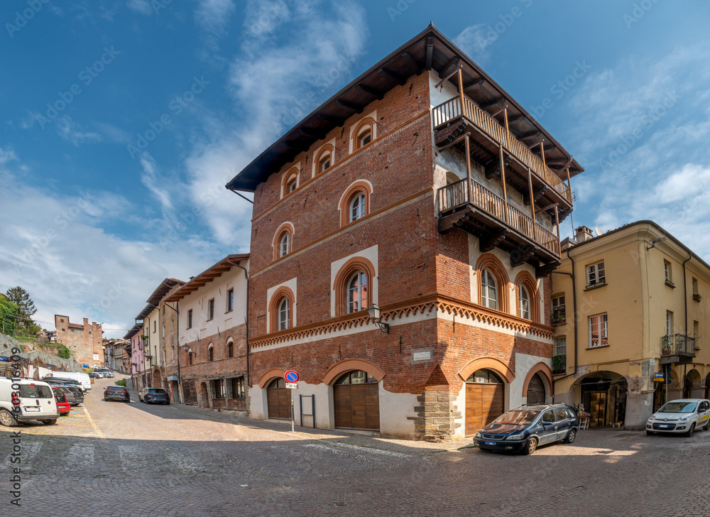 Pinerolo, Turin, Piedmont, Italy - Via Principi di Acaja with with ancient medieval palaces palaces