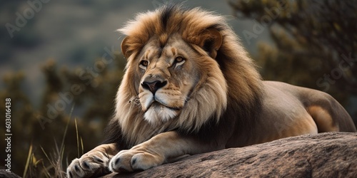 A majestic lion resting on a rock  surveying its surroundings with pride  concept of Biodiversity conservation  created with Generative AI technology
