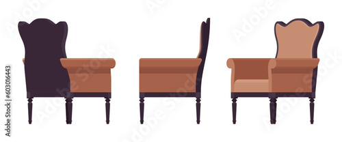 Armchair, soft wing chair, wingback furniture set, natural brown, black. Tea meeting, living room, bar, cafe, hotel decent decoration. Vector flat style cartoon home, office isolated, white background
