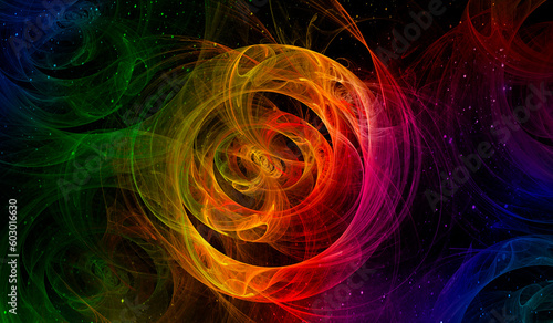 Abstract fractal background with cosmic glow. Colors of rainbow. Horizontal banner. Used for design and creativity  for screensavers.