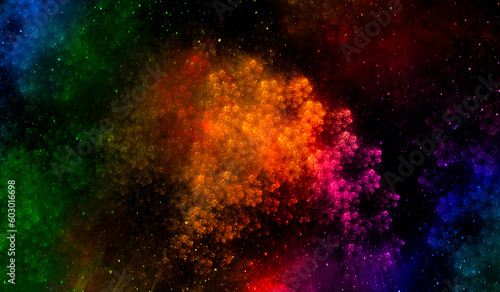 Abstract fractal background with cosmic glow. Colors of rainbow. Horizontal banner. Used for design and creativity, for screensavers.