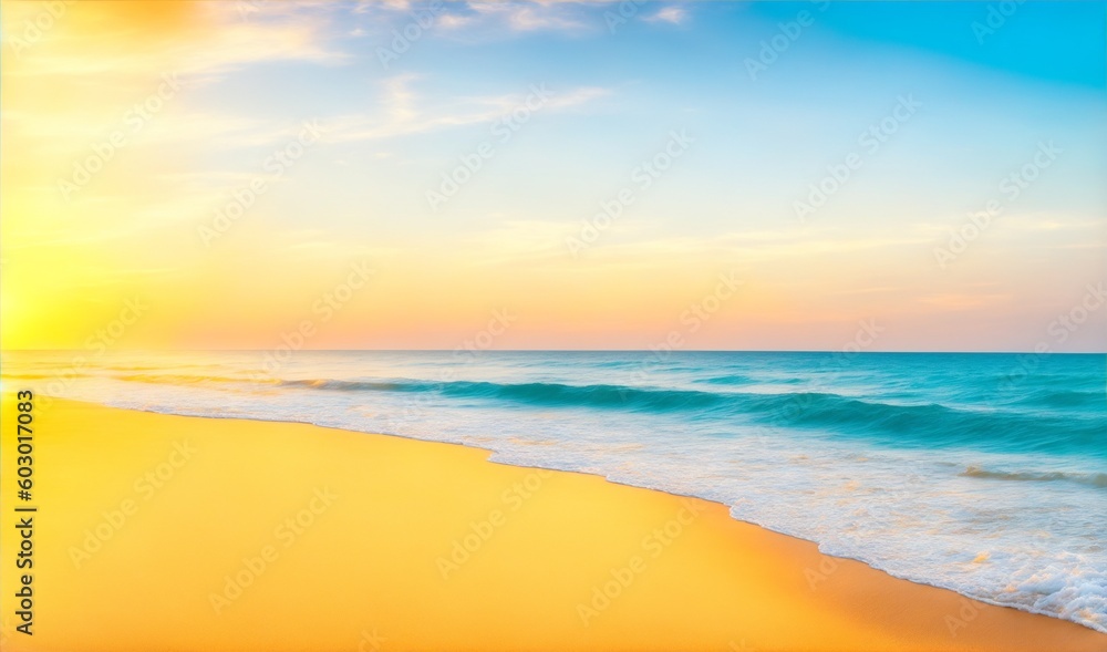 Panoramic beach landscape. Inspire tropical beach seascape horizon. Orange and golden sunset sky calmness tranquil relaxing sunlight summer mood. Vacation travel holiday banner, generative ai