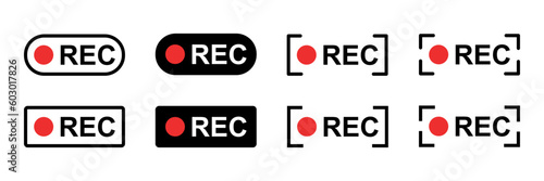Recording vector icon set. Camera frame video red recording symbol