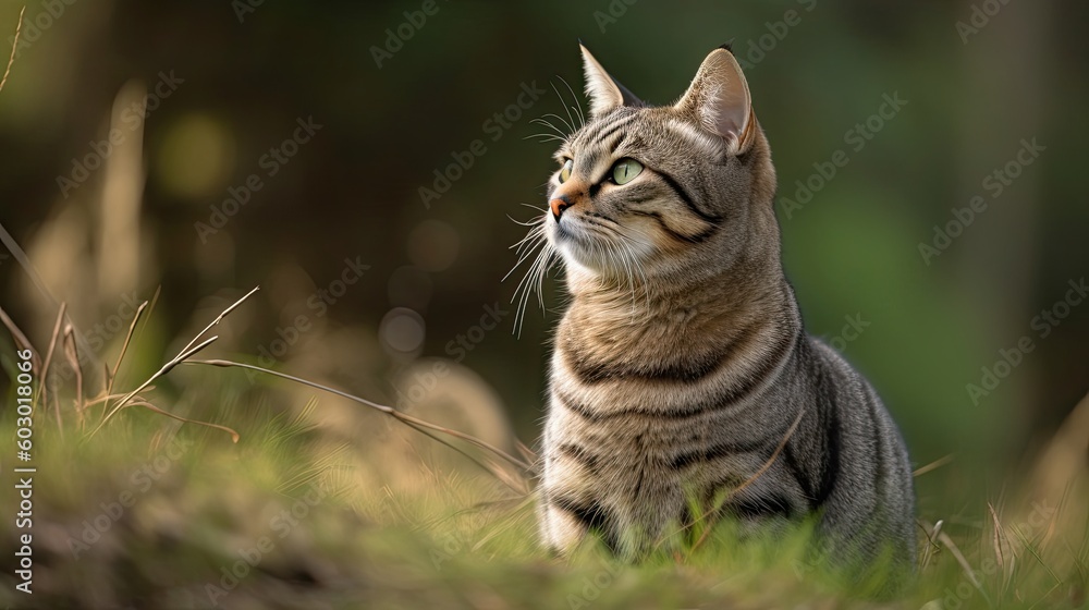 Happy Tabby Cat in Hunter Position Sitting Playfully on Green Lawn, Watching the World Around It. Generative AI